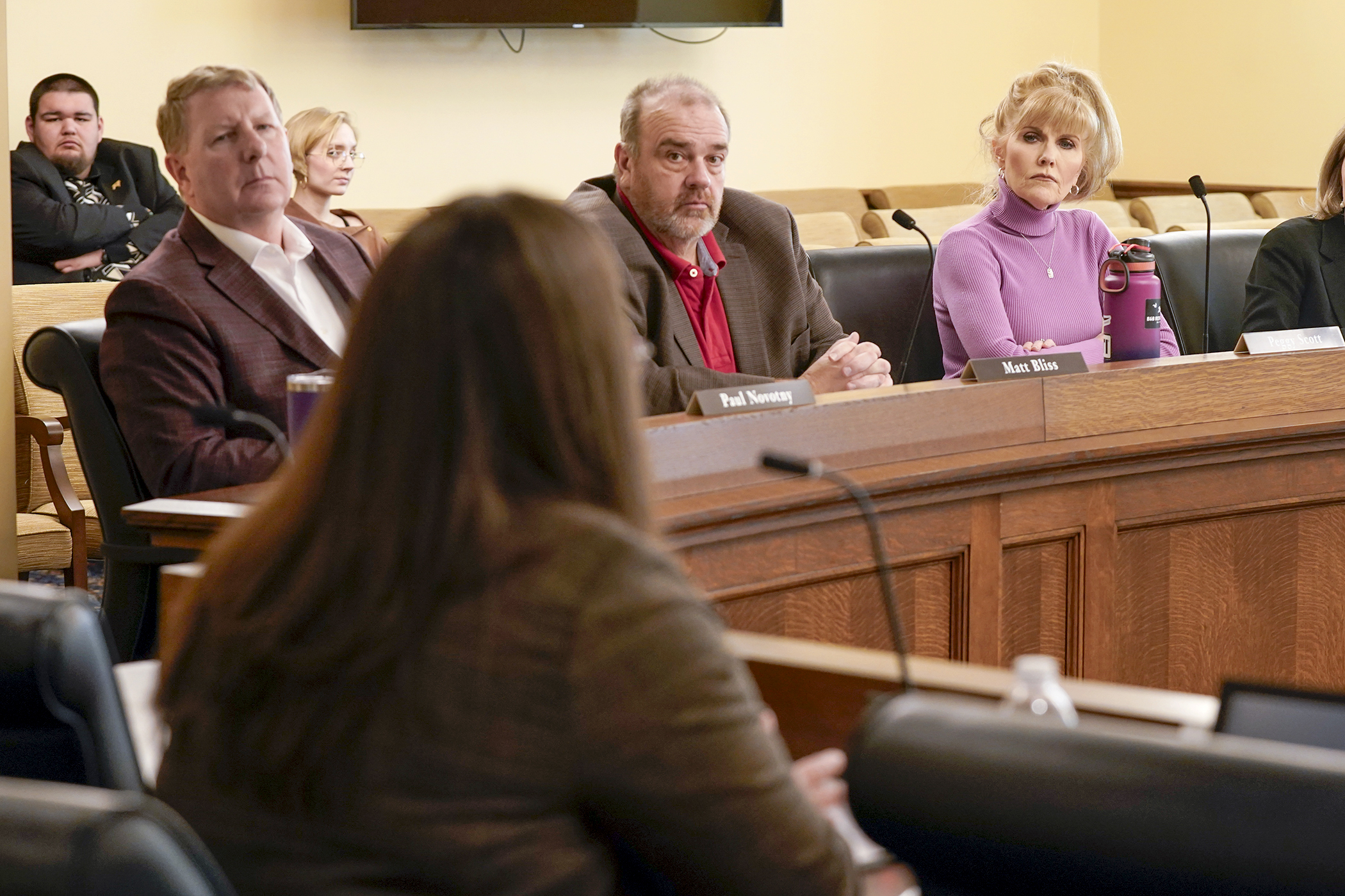 Amber Cameron, director of public engagement initiatives at the University of Minnesota Office for Public Engagement, fields questions from members of the House Higher Education Finance and Policy Committee Jan. 23. (Photo by Michele Jokinen)